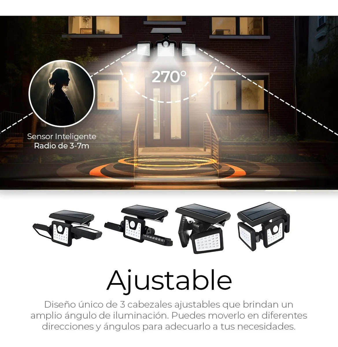 Lampara solar 3 cabezales led sensor movimiento