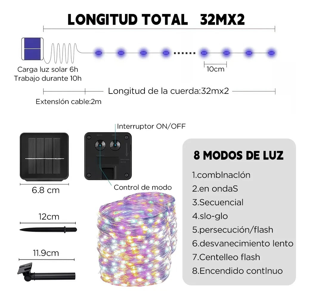 2x1 Luces Solares Navideñas 32 metros