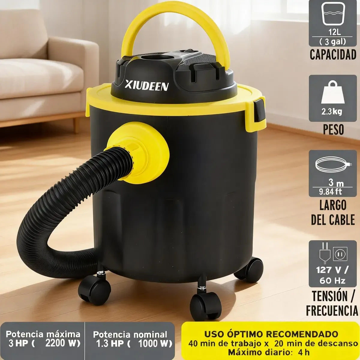 Aspiradora Portátil de 12L 3HP con Ruedas