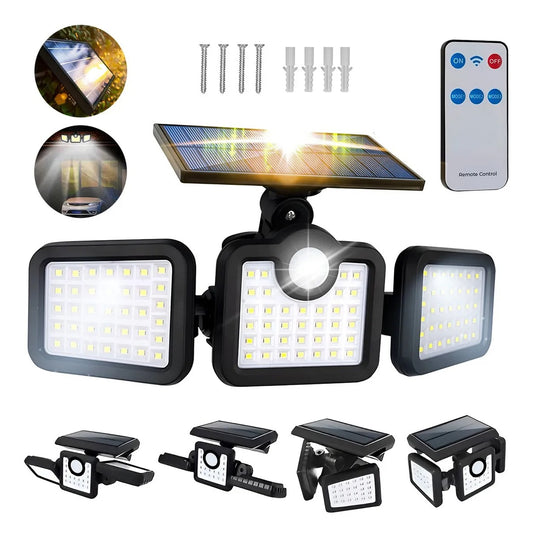 Lampara solar 3 cabezales led sensor movimiento