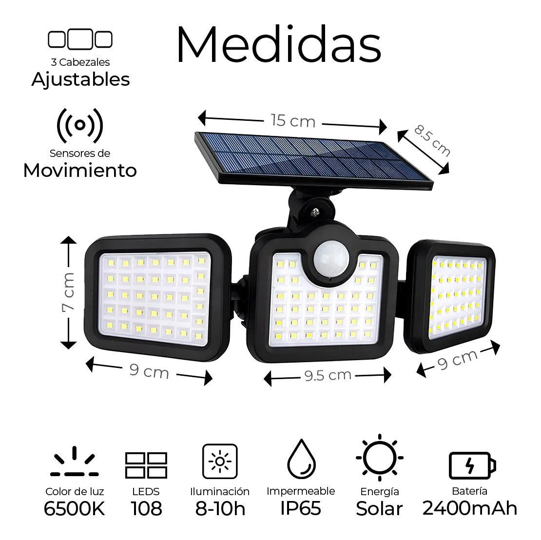 Lampara solar 3 cabezales led sensor movimiento