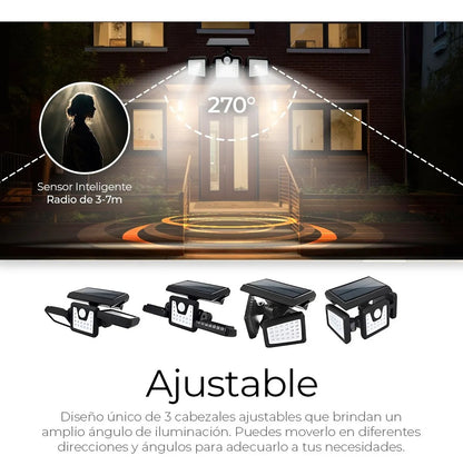 Lampara solar 3 cabezales led sensor movimiento